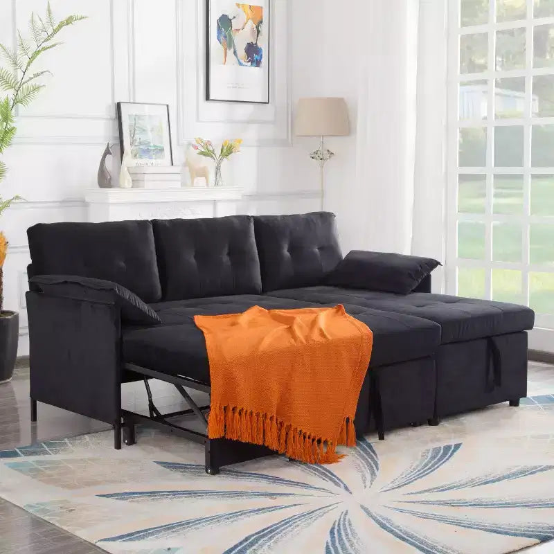 MAYEERTY 77.6 Reversible Sectional Sleeper Sofa - Pull-Out Full Size Bed, Hidden Storage, Velvet Upholstery