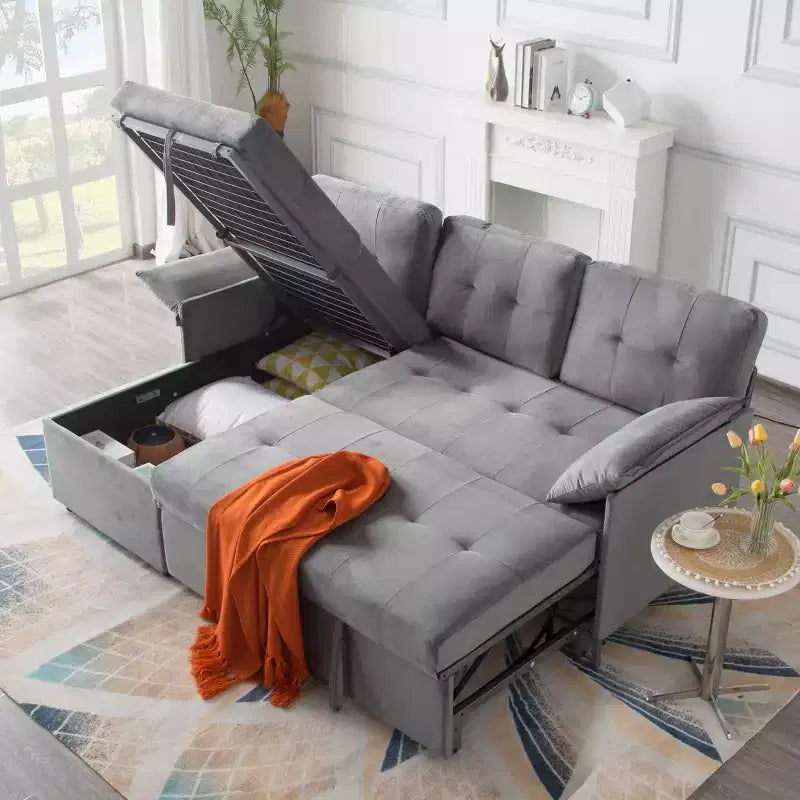 MAYEERTY 77.6 Reversible Sectional Sleeper Sofa - Pull-Out Full Size Bed, Hidden Storage, Velvet Upholstery