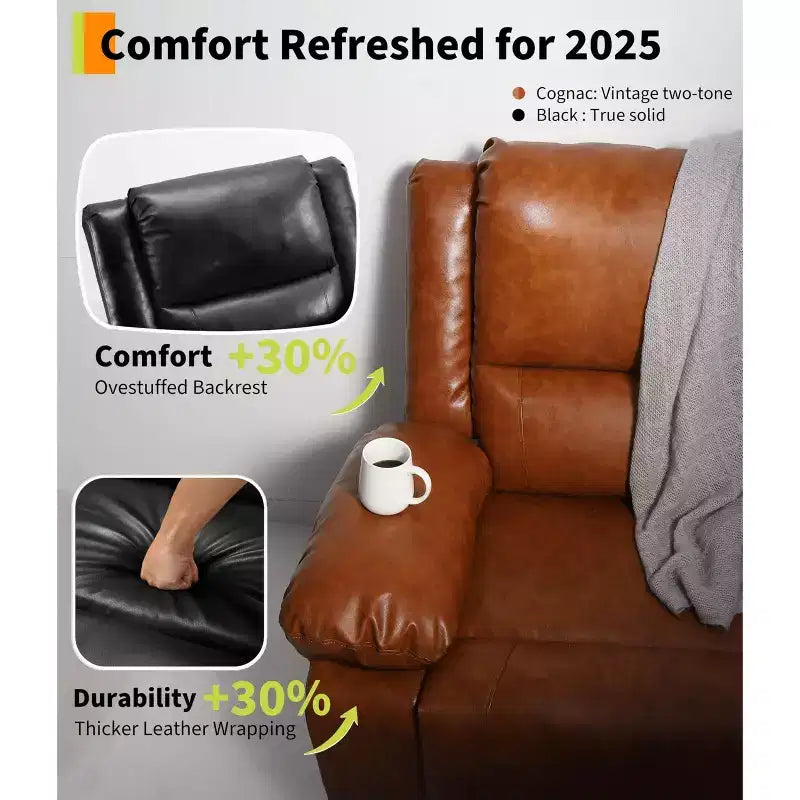 Electric recliner sofa, massage PU leather, electric recliner sofa, reclines up to 135 degrees, 8-point massage with lumbar heating