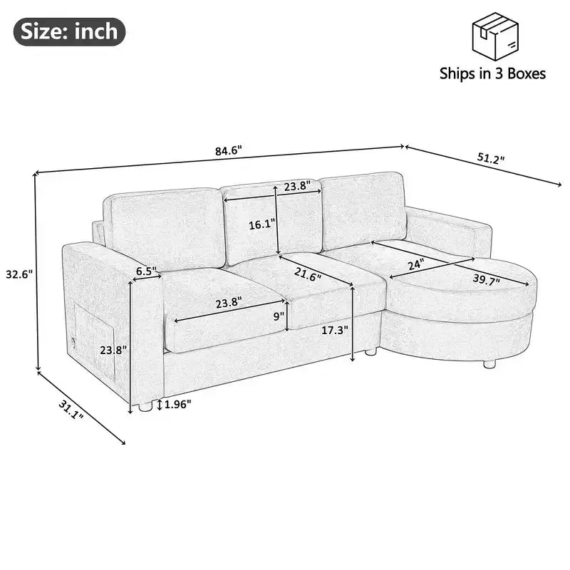 Whisen 84.6 Modern L-shaped Sectional Sofa & Couch with a Curved Chaise Lounge, Side Storage Pockets