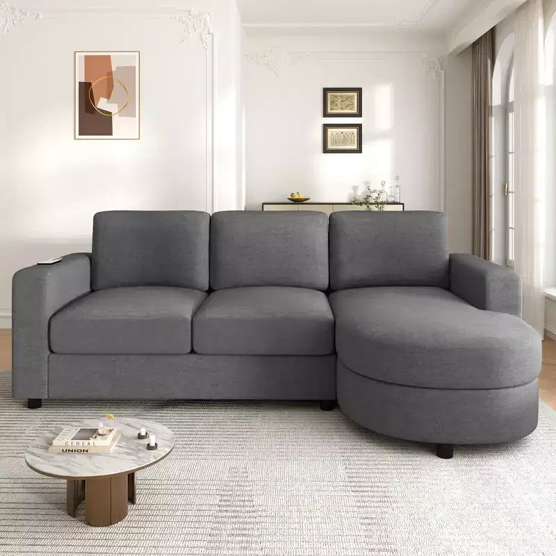 Whisen 84.6 Modern L-shaped Sectional Sofa & Couch with a Curved Chaise Lounge, Side Storage Pockets