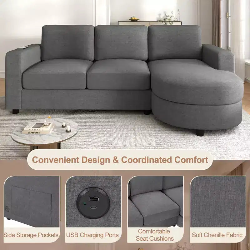 Whisen 84.6 Modern L-shaped Sectional Sofa & Couch with a Curved Chaise Lounge, Side Storage Pockets