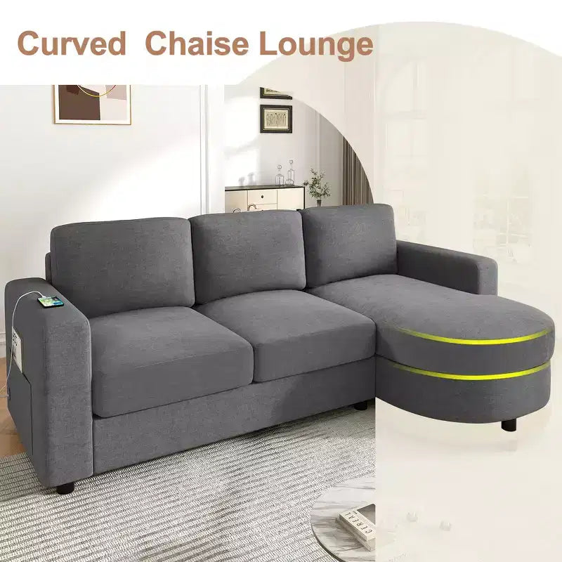 Whisen 84.6 Modern L-shaped Sectional Sofa & Couch with a Curved Chaise Lounge, Side Storage Pockets