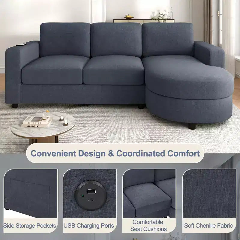 Whisen 84.6 Modern L-shaped Sectional Sofa & Couch with a Curved Chaise Lounge, Side Storage Pockets