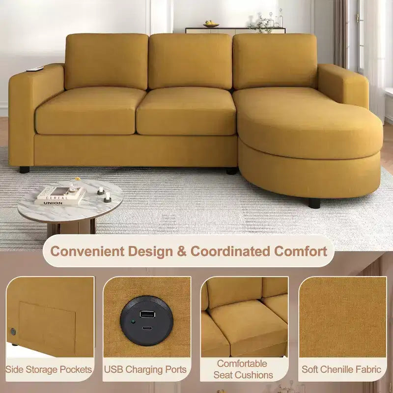 Whisen 84.6 Modern L-shaped Sectional Sofa & Couch with a Curved Chaise Lounge, Side Storage Pockets