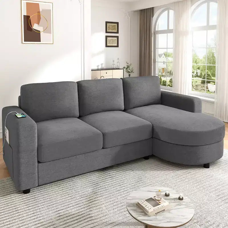 Whisen 84.6 Sofá y Sillón Modular Moderno en Forma de L con Chaise Longue Curvo, Bolsillos Laterales de Almacenamiento