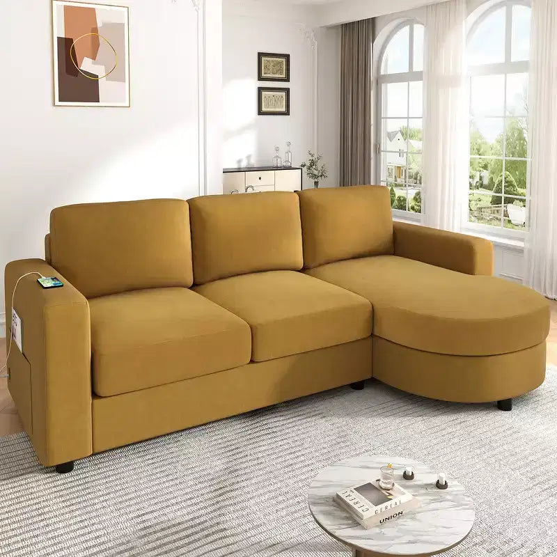 Whisen 84.6 Sofá y Sillón Modular Moderno en Forma de L con Chaise Longue Curvo, Bolsillos Laterales de Almacenamiento