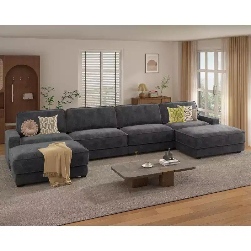 Dyonery 160 Oversized Modular Sectional Sofa, 6-Seat U-Shaped Comfy Cloud Couch Set with 2 Pillows & 2 Movable Ottomans, Chenille