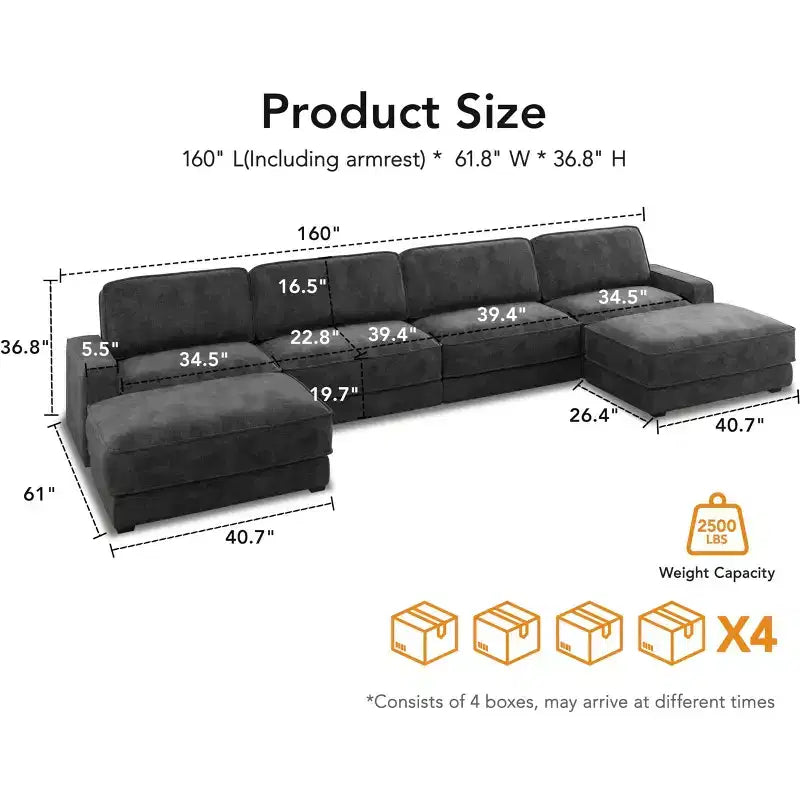 Dyonery 160 Oversized Modular Sectional Sofa, 6-Seat U-Shaped Comfy Cloud Couch Set with 2 Pillows & 2 Movable Ottomans, Chenille