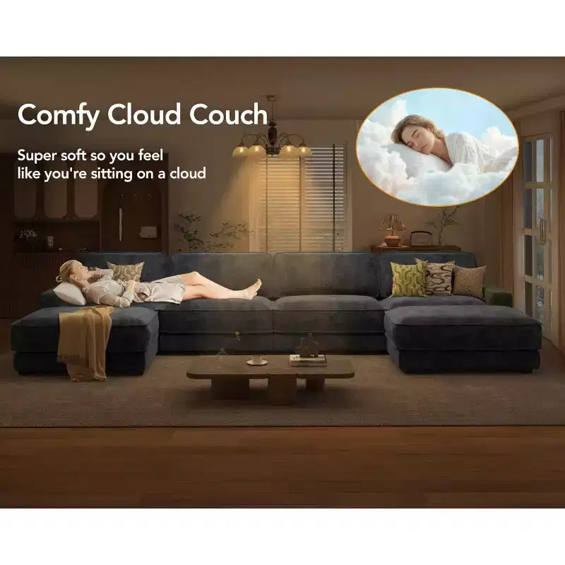 Dyonery 160 Oversized Modular Sectional Sofa, 6-Seat U-Shaped Comfy Cloud Couch Set with 2 Pillows & 2 Movable Ottomans, Chenille