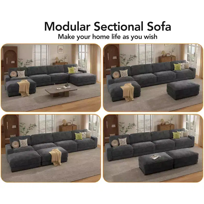 Dyonery 160 Oversized Modular Sectional Sofa, 6-Seat U-Shaped Comfy Cloud Couch Set with 2 Pillows & 2 Movable Ottomans, Chenille