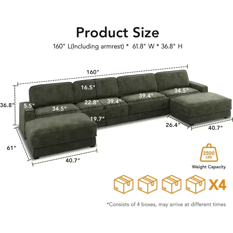 Dyonery 160 Oversized Modular Sectional Sofa, 6-Seat U-Shaped Comfy Cloud Couch Set with 2 Pillows & 2 Movable Ottomans, Chenille