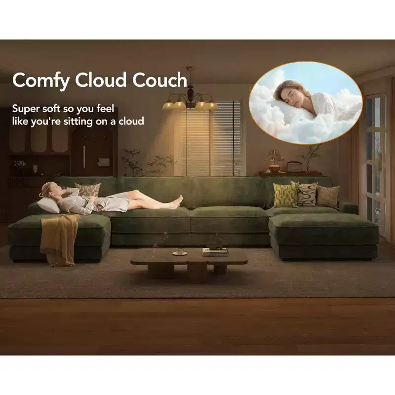 Dyonery 160 Oversized Modular Sectional Sofa, 6-Seat U-Shaped Comfy Cloud Couch Set with 2 Pillows & 2 Movable Ottomans, Chenille
