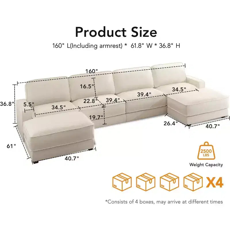 Dyonery 160 Oversized Modular Sectional Sofa, 6-Seat U-Shaped Comfy Cloud Couch Set with 2 Pillows & 2 Movable Ottomans, Chenille