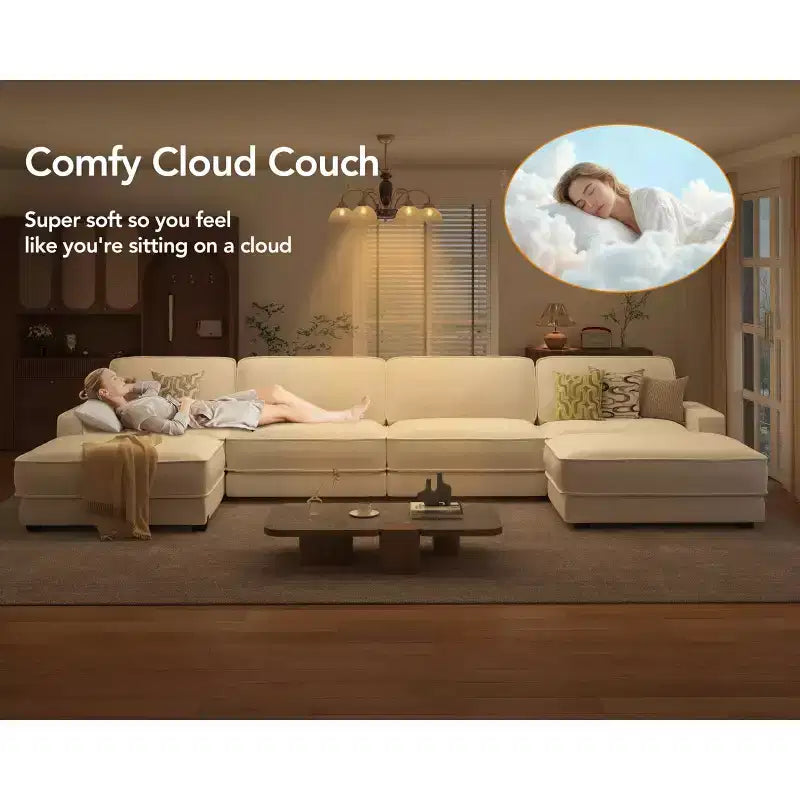 Dyonery 160 Oversized Modular Sectional Sofa, 6-Seat U-Shaped Comfy Cloud Couch Set with 2 Pillows & 2 Movable Ottomans, Chenille
