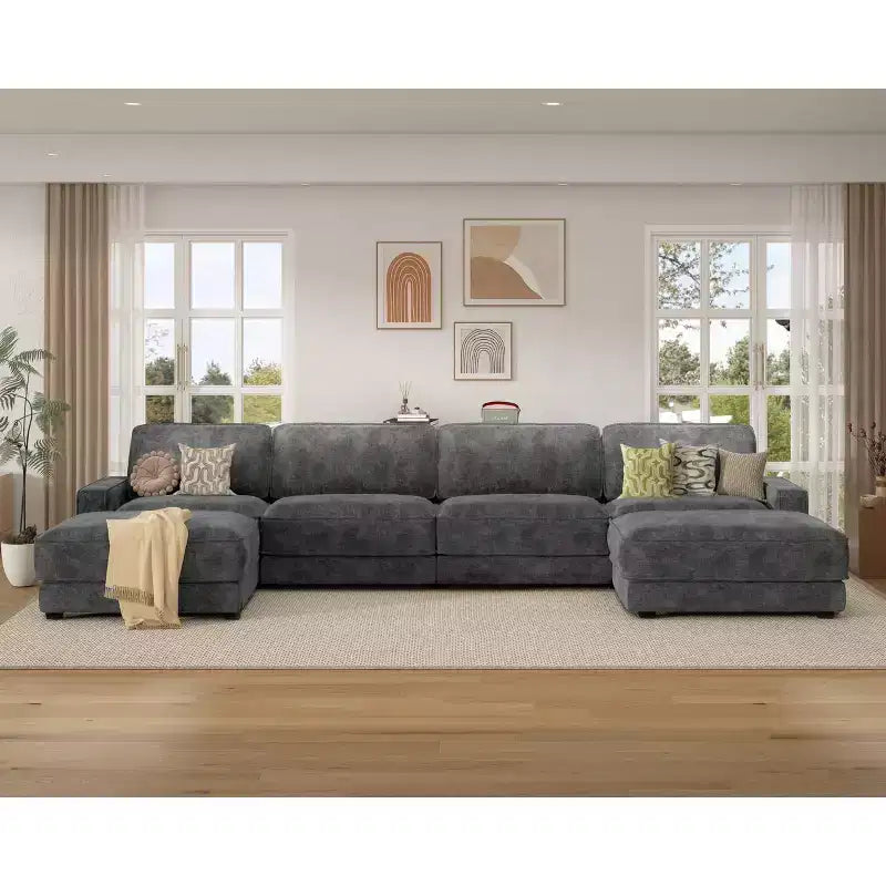 Dyonery 160 Sofá Modular Seccional Extragrande, Sofá Nube Cómodo en Forma de U de 6 Plazas con 2 Almohadas y 2 Otomanas Móviles, Chenille