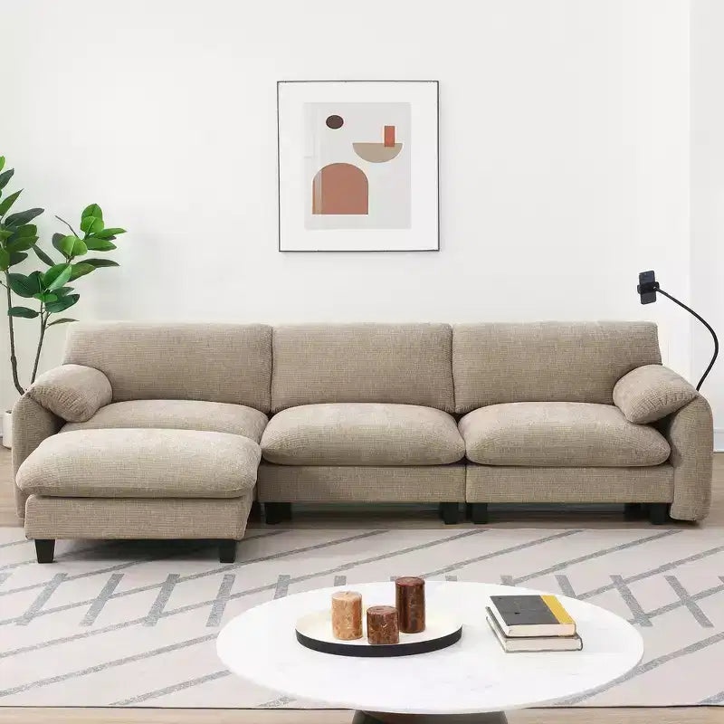 EHMKNP 108 L-Shaped Modular Sectional Sofa with Extra Wide 31.5 Seats, Movable Ottoman, Striped Chenille Fabric