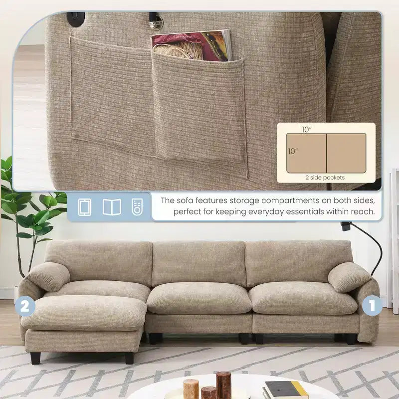 EHMKNP 108 L-Shaped Modular Sectional Sofa with Extra Wide 31.5 Seats, Movable Ottoman, Striped Chenille Fabric