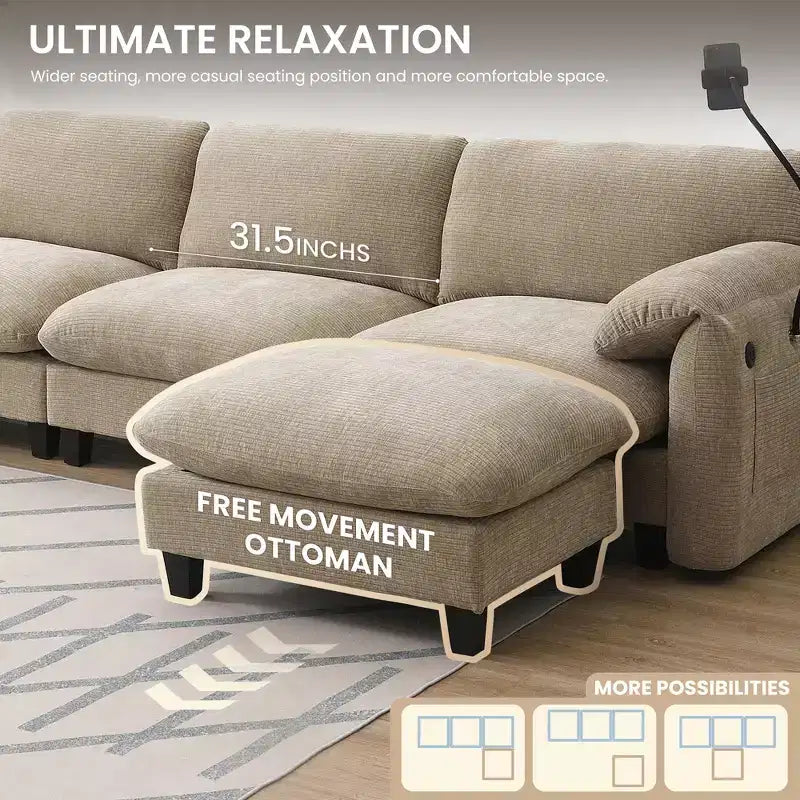 EHMKNP 108 L-Shaped Modular Sectional Sofa with Extra Wide 31.5 Seats, Movable Ottoman, Striped Chenille Fabric