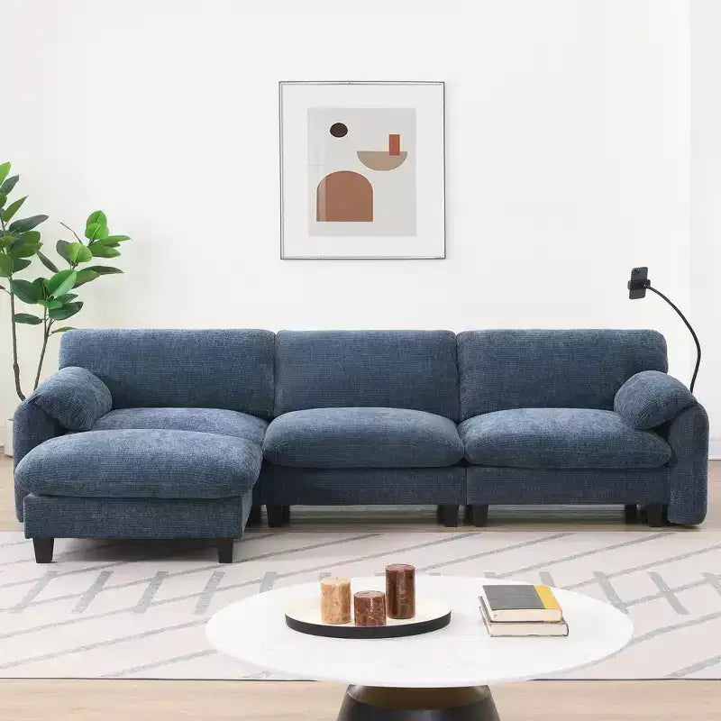 EHMKNP 108 L-Shaped Modular Sectional Sofa with Extra Wide 31.5 Seats, Movable Ottoman, Striped Chenille Fabric