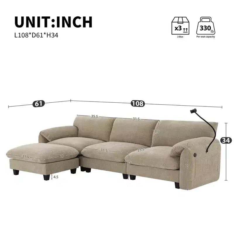 EHMKNP 108 L-Shaped Modular Sectional Sofa with Extra Wide 31.5 Seats, Movable Ottoman, Striped Chenille Fabric