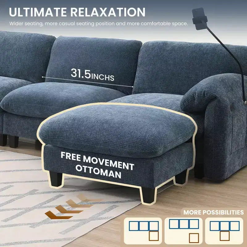 EHMKNP 108 L-Shaped Modular Sectional Sofa with Extra Wide 31.5 Seats, Movable Ottoman, Striped Chenille Fabric