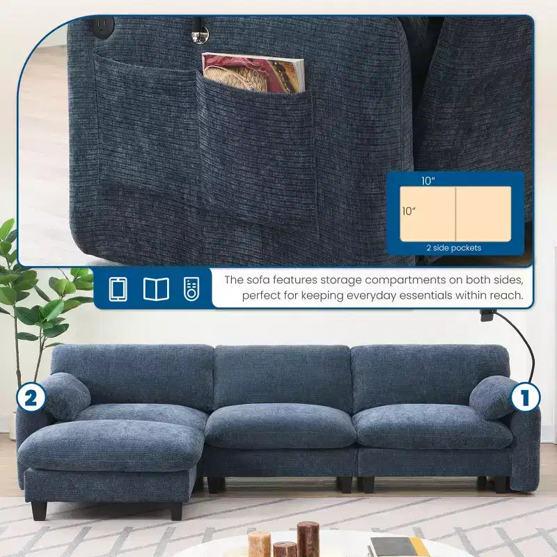 EHMKNP 108 L-Shaped Modular Sectional Sofa with Extra Wide 31.5 Seats, Movable Ottoman, Striped Chenille Fabric