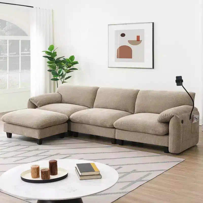 Canapé d'angle modulable EHMKNP 108 avec sièges extra larges de 80 cm, pouf mobile, tissu chenille rayé
