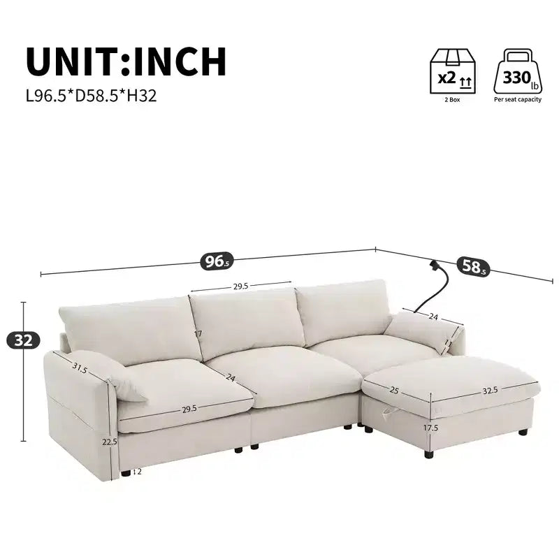 EHMKNP 96.5 L-Shaped Sectional Sofa with Storage Ottoman for Living Room/Apartment ,Comfy Chenille Fabric