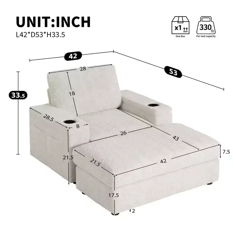 EHMKNP 42 Oversized Chaise Lounge Indoor Sofa Chair  Upholstered Deep Seat Sleeper Couch with Storage Ottoman