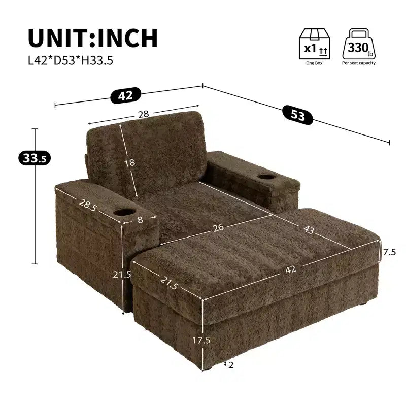 EHMKNP 42 Oversized Chaise Lounge Indoor Sofa Chair  Upholstered Deep Seat Sleeper Couch with Storage Ottoman