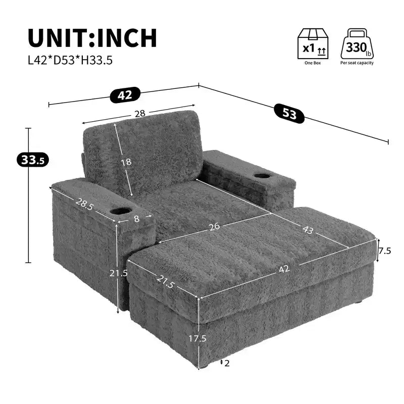 EHMKNP 42 Oversized Chaise Lounge Indoor Sofa Chair  Upholstered Deep Seat Sleeper Couch with Storage Ottoman