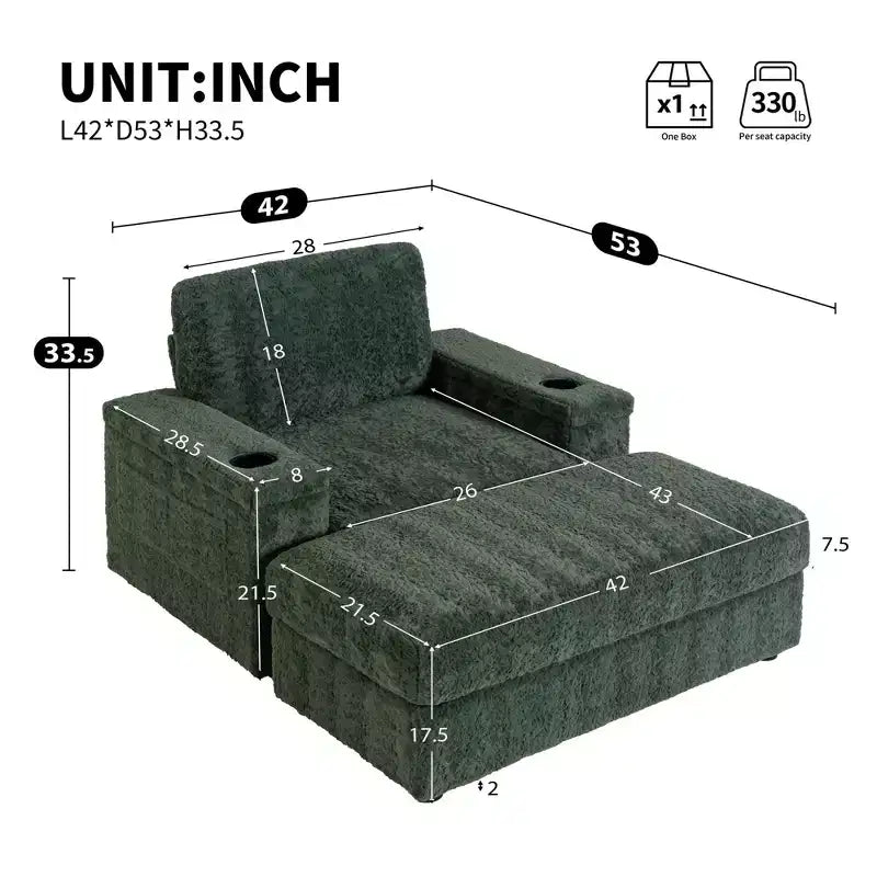 EHMKNP 42 Oversized Chaise Lounge Indoor Sofa Chair  Upholstered Deep Seat Sleeper Couch with Storage Ottoman