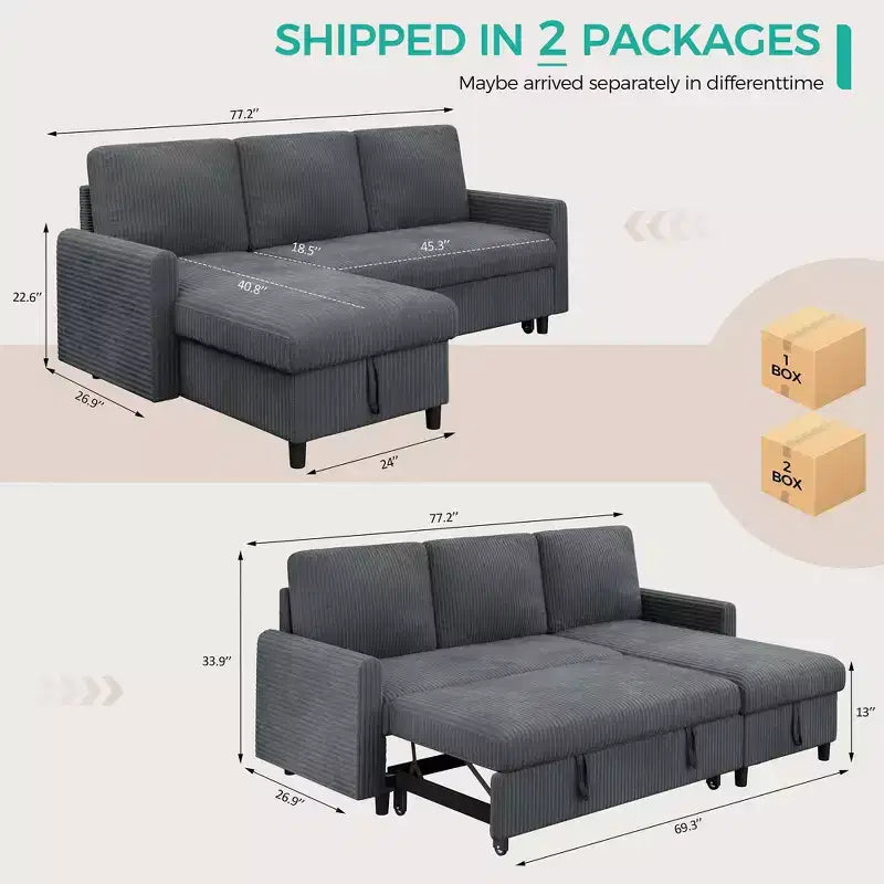 Celebalcony 77.2 Upholstered Sofa Bed, L Shaped Sectional Couch with Side Storage Package, Comfortable 3 Seat Sofa Couches for Apartment