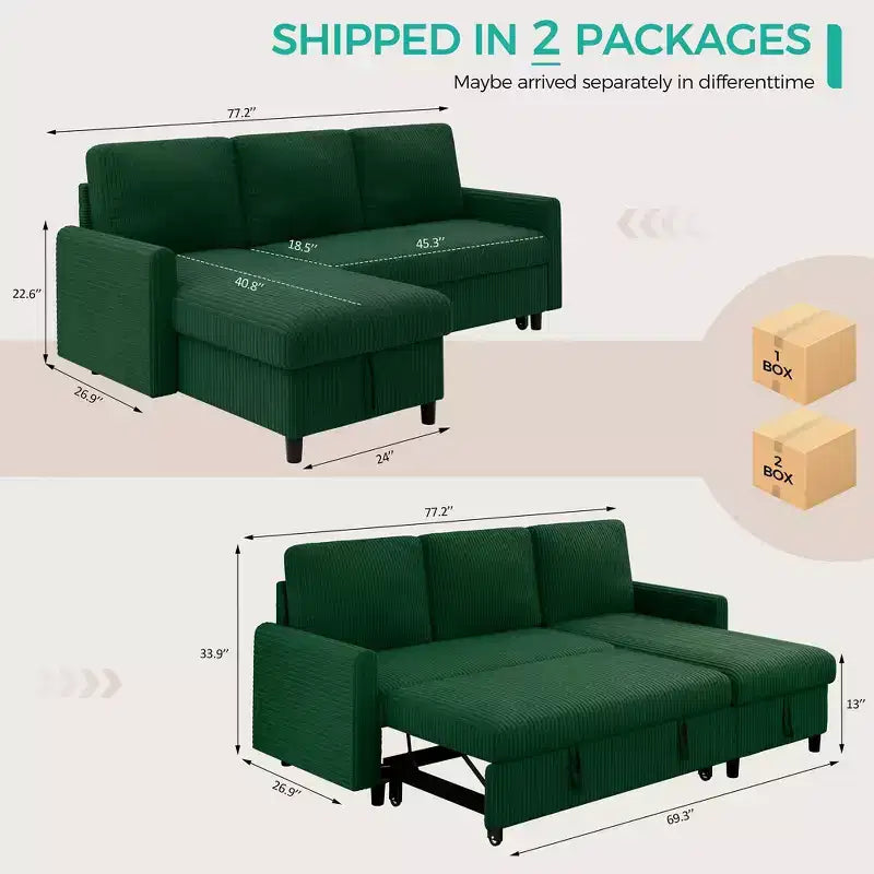 Celebalcony 77.2 Upholstered Sofa Bed, L Shaped Sectional Couch with Side Storage Package, Comfortable 3 Seat Sofa Couches for Apartment