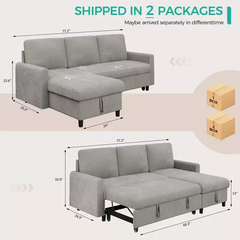 Celebalcony 77.2 Upholstered Sofa Bed, L Shaped Sectional Couch with Side Storage Package, Comfortable 3 Seat Sofa Couches for Apartment