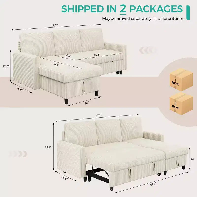 Celebalcony 77.2 Upholstered Sofa Bed, L Shaped Sectional Couch with Side Storage Package, Comfortable 3 Seat Sofa Couches for Apartment