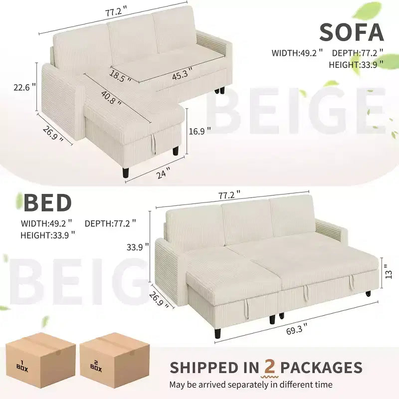 Celebalcony 77.2 Upholstered Sofa Bed, L Shaped Sectional Couch with Side Storage Package, Comfortable 3 Seat Sofa Couches for Apartment