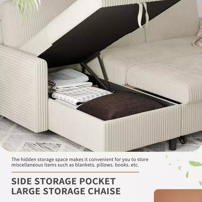 Celebalcony 77.2 Upholstered Sofa Bed, L Shaped Sectional Couch with Side Storage Package, Comfortable 3 Seat Sofa Couches for Apartment