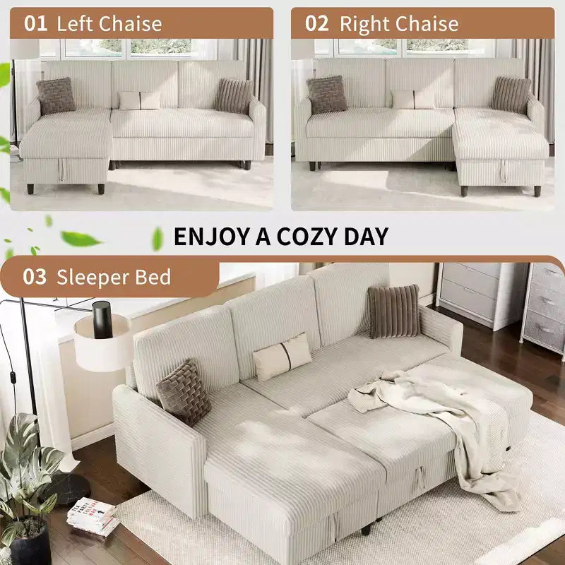 Celebalcony 77.2 Upholstered Sofa Bed, L Shaped Sectional Couch with Side Storage Package, Comfortable 3 Seat Sofa Couches for Apartment
