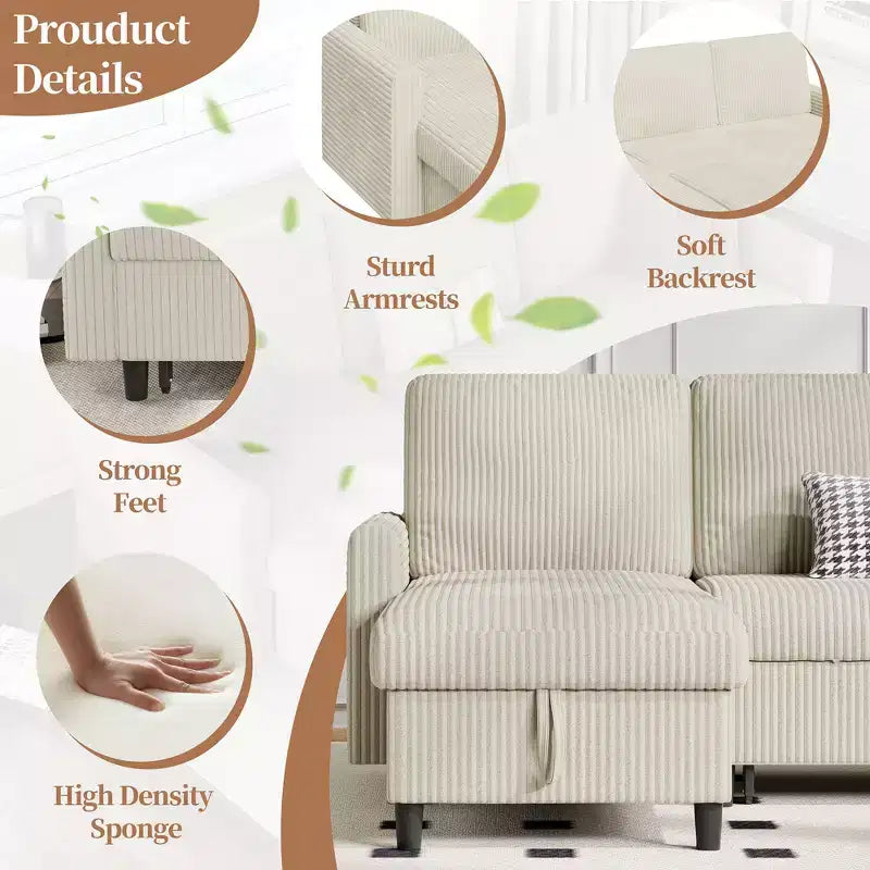 Celebalcony 77.2 Upholstered Sofa Bed, L Shaped Sectional Couch with Side Storage Package, Comfortable 3 Seat Sofa Couches for Apartment