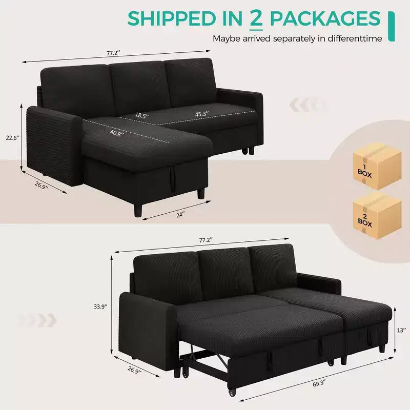 Celebalcony 77.2 Upholstered Sofa Bed, L Shaped Sectional Couch with Side Storage Package, Comfortable 3 Seat Sofa Couches for Apartment