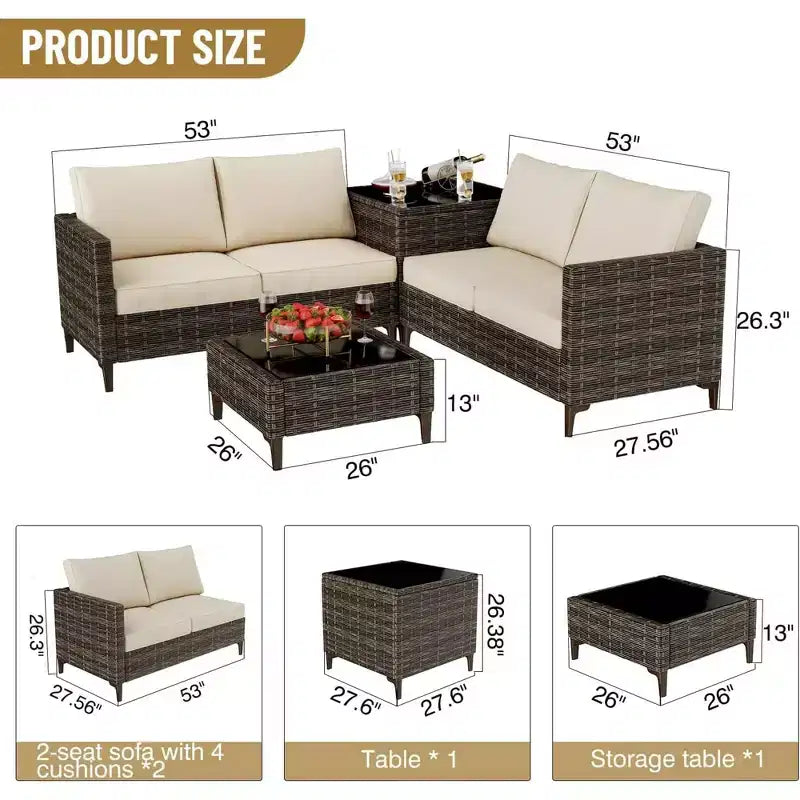 Ensemble de canapé en rotin PE 4 pièces pour patio, ensemble de canapés de conversation extérieurs en osier avec table basse et rangement