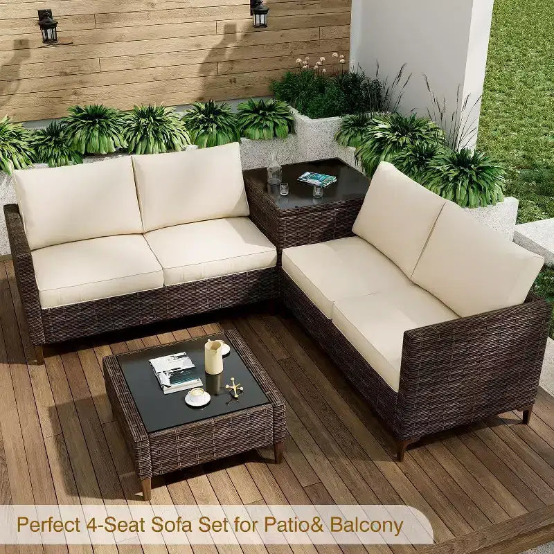 Ensemble de canapé en rotin PE 4 pièces pour patio, ensemble de canapés de conversation extérieurs en osier avec table basse et rangement