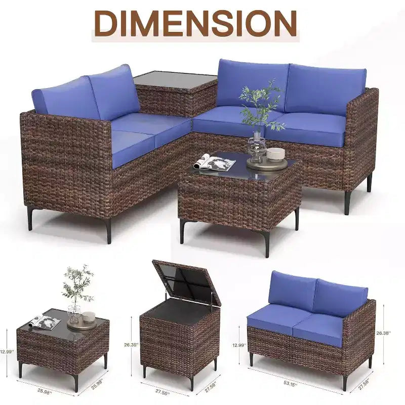 Ensemble de canapé en rotin PE 4 pièces pour patio, ensemble de canapés de conversation extérieurs en osier avec table basse et rangement