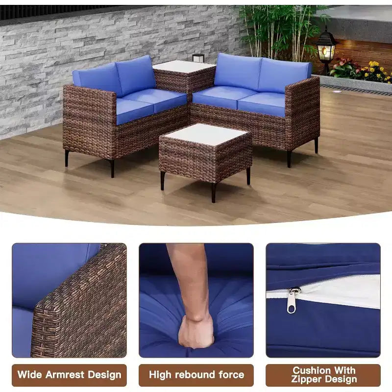 Ensemble de canapé en rotin PE 4 pièces pour patio, ensemble de canapés de conversation extérieurs en osier avec table basse et rangement