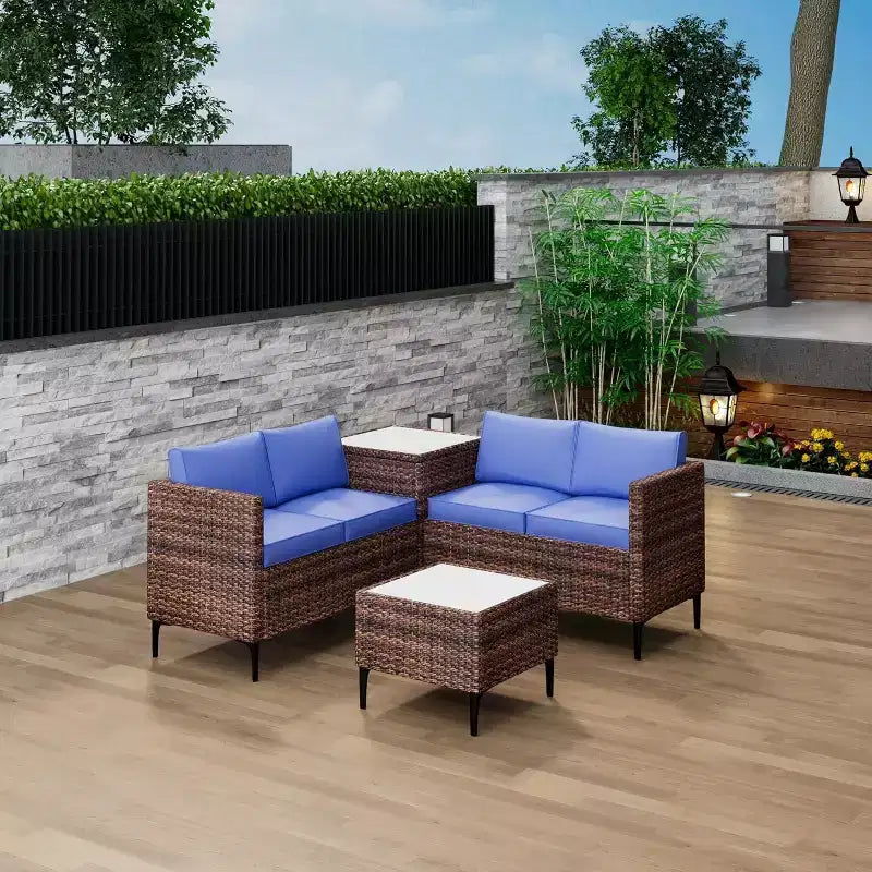 Ensemble de canapé en rotin PE 4 pièces pour patio, ensemble de canapés de conversation extérieurs en osier avec table basse et rangement