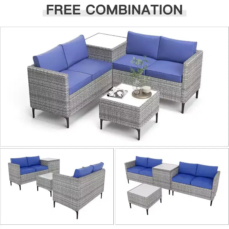 Ensemble de canapé en rotin PE 4 pièces pour patio, ensemble de canapés de conversation extérieurs en osier avec table basse et rangement