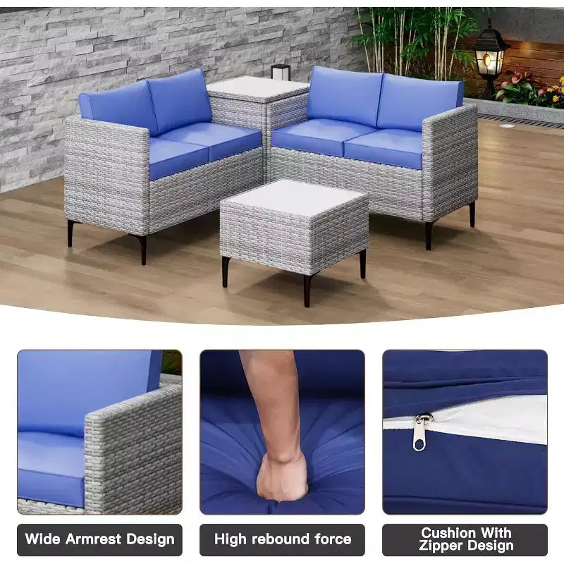 Ensemble de canapé en rotin PE 4 pièces pour patio, ensemble de canapés de conversation extérieurs en osier avec table basse et rangement