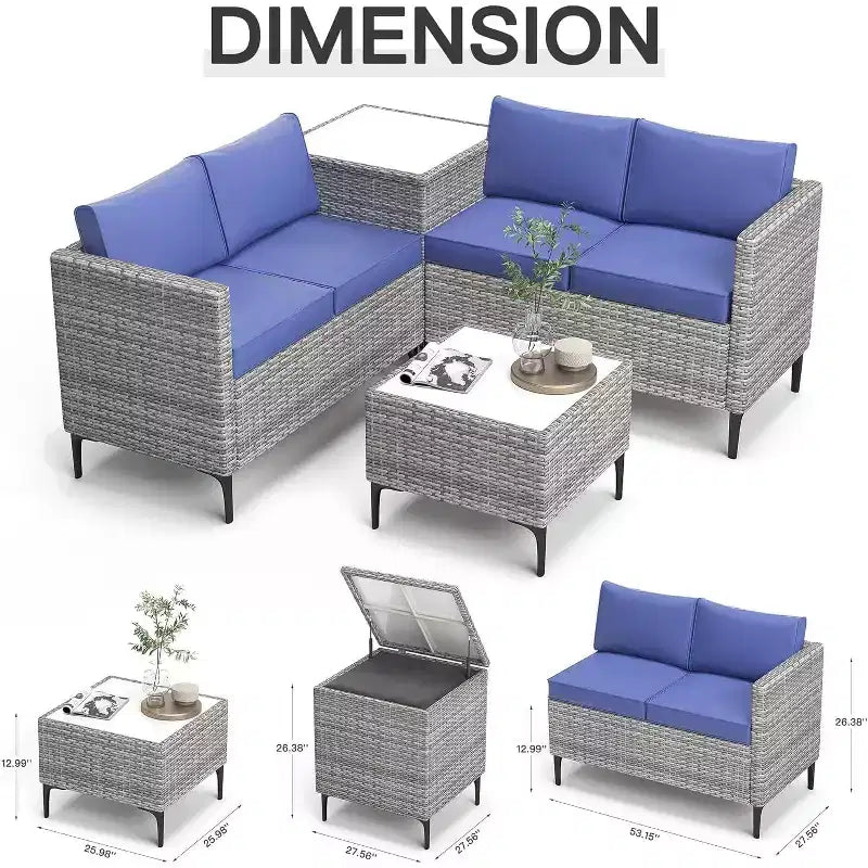 Ensemble de canapé en rotin PE 4 pièces pour patio, ensemble de canapés de conversation extérieurs en osier avec table basse et rangement